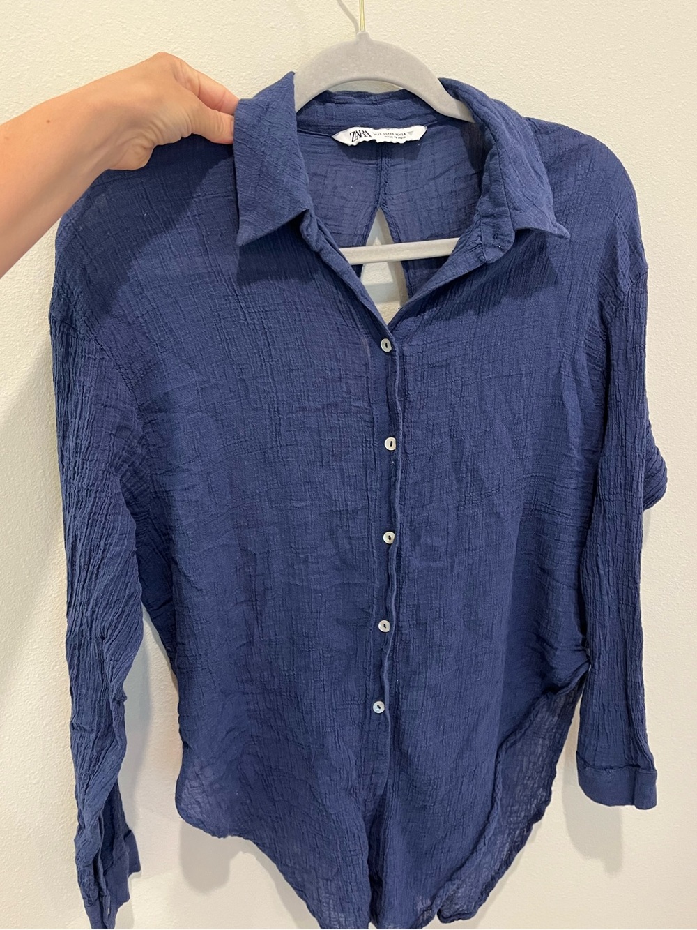 Zara Navy Crinkle Button-Up Shirt